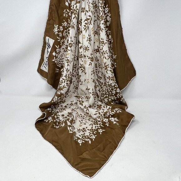 Melle Ricci Square Scarf‎ 100% Silk Brown Cream Gold Floral Bandanna 31" Paris - Picture 1 of 11
